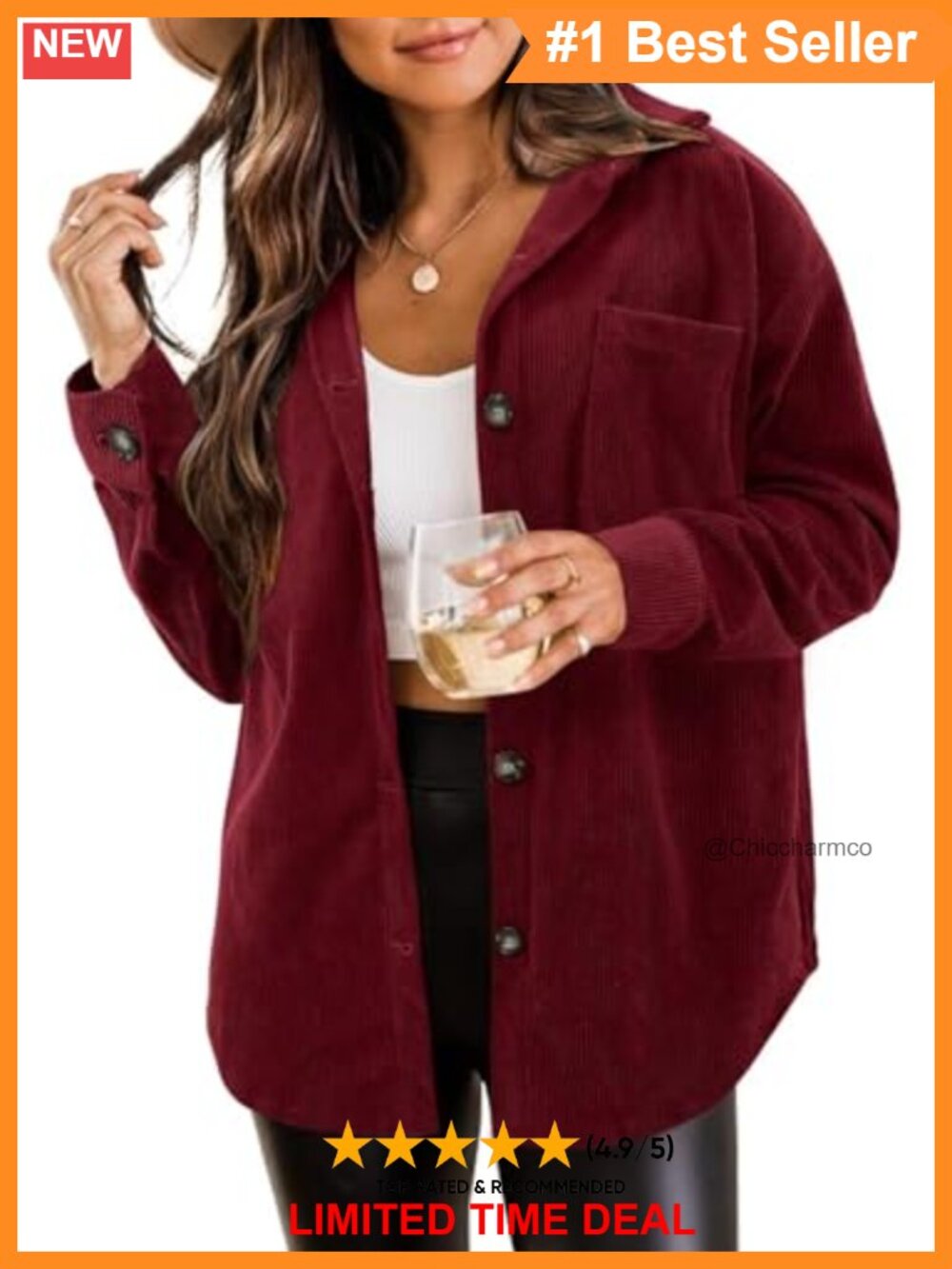 Women's Corduroy Button Down Shacket Loose Fit Casual Jacket